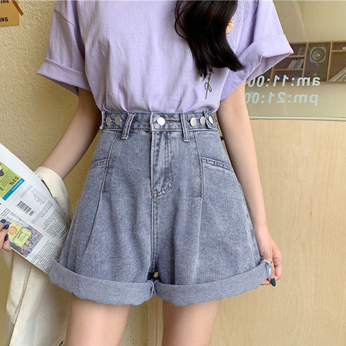 ロールアップ デニムショートパンツ 美脚 レディース Aライン デニムワイド ハーフパンツ 着やせ おしゃれ ジーンズ ホットパンツ ハイウエスト短パン 可愛い 86LZFS-001