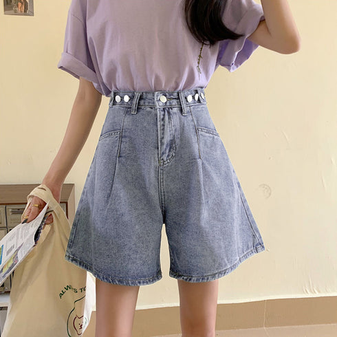 ロールアップ デニムショートパンツ 美脚 レディース Aライン デニムワイド ハーフパンツ 着やせ おしゃれ ジーンズ ホットパンツ ハイウエスト短パン 可愛い 86LZFS-001