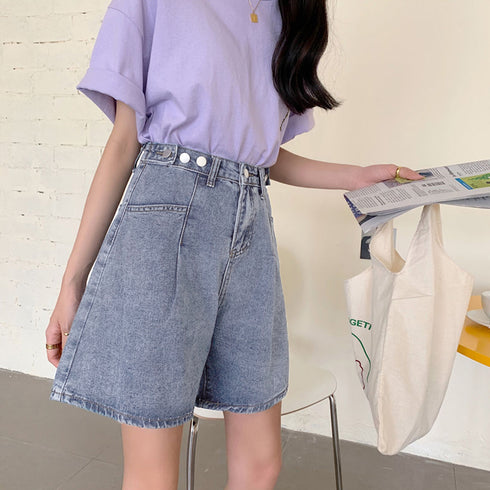 ロールアップ デニムショートパンツ 美脚 レディース Aライン デニムワイド ハーフパンツ 着やせ おしゃれ ジーンズ ホットパンツ ハイウエスト短パン 可愛い 86LZFS-001