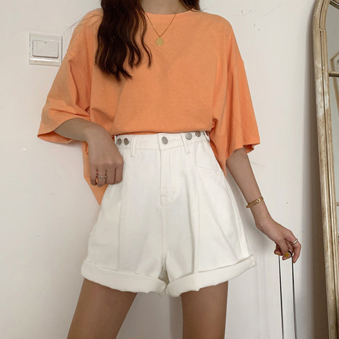 ロールアップ デニムショートパンツ 美脚 レディース Aライン デニムワイド ハーフパンツ 着やせ おしゃれ ジーンズ ホットパンツ ハイウエスト短パン 可愛い 86LZFS-001