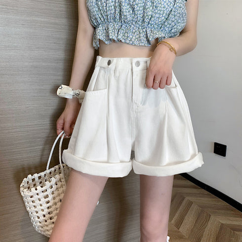 ロールアップ デニムショートパンツ 美脚 レディース Aライン デニムワイド ハーフパンツ 着やせ おしゃれ ジーンズ ホットパンツ ハイウエスト短パン 可愛い 86LZFS-001