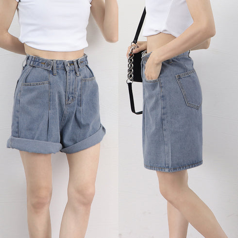 ロールアップ デニムショートパンツ 美脚 レディース Aライン デニムワイド ハーフパンツ 着やせ おしゃれ ジーンズ ホットパンツ ハイウエスト短パン 可愛い 86LZFS-001