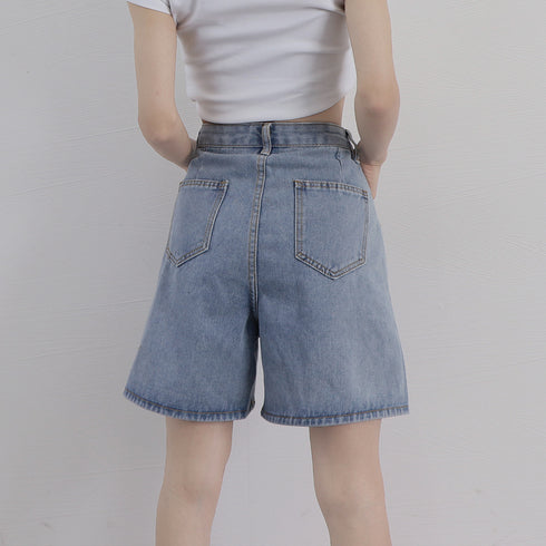 ロールアップ デニムショートパンツ 美脚 レディース Aライン デニムワイド ハーフパンツ 着やせ おしゃれ ジーンズ ホットパンツ ハイウエスト短パン 可愛い 86LZFS-001