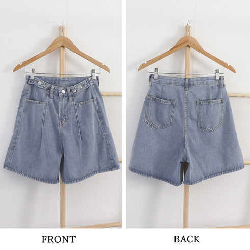 ロールアップ デニムショートパンツ 美脚 レディース Aライン デニムワイド ハーフパンツ 着やせ おしゃれ ジーンズ ホットパンツ ハイウエスト短パン 可愛い 86LZFS-001