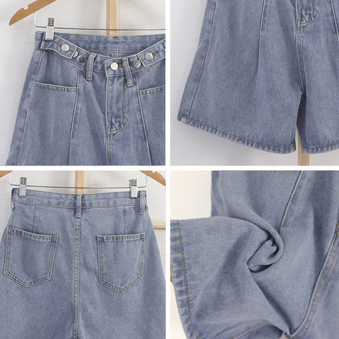 ロールアップ デニムショートパンツ 美脚 レディース Aライン デニムワイド ハーフパンツ 着やせ おしゃれ ジーンズ ホットパンツ ハイウエスト短パン 可愛い 86LZFS-001