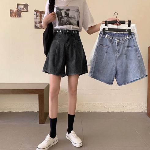 ロールアップ デニムショートパンツ 美脚 レディース Aライン デニムワイド ハーフパンツ 着やせ おしゃれ ジーンズ ホットパンツ ハイウエスト短パン 可愛い 86LZFS-001