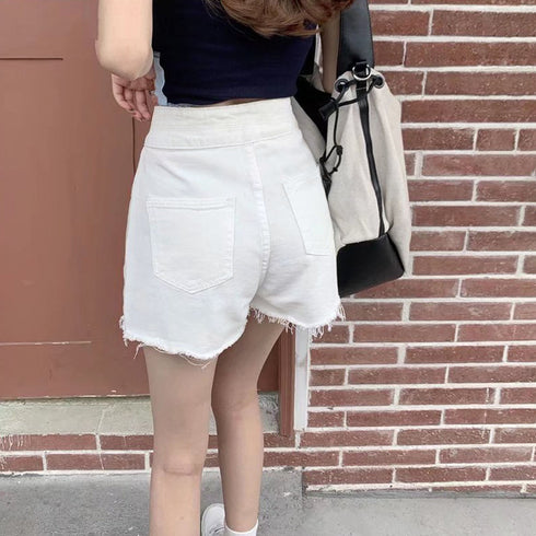 ダメージ加工デニムショートパンツ 韓国風 ホットパンツ レディース ハイウエスト ショーパン ヴィンテージ風 デニム短パン カットオフ ボトムス ミニ丈ズボン 夏 86LZFS-002