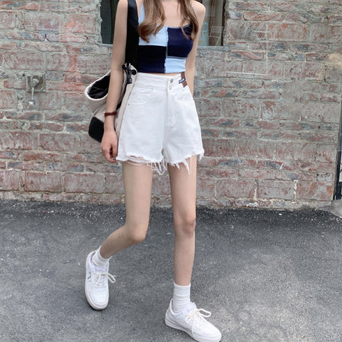 ダメージ加工デニムショートパンツ 韓国風 ホットパンツ レディース ハイウエスト ショーパン ヴィンテージ風 デニム短パン カットオフ ボトムス ミニ丈ズボン 夏 86LZFS-002
