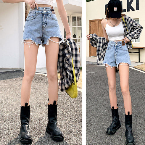 ダメージ加工デニムショートパンツ 韓国風 ホットパンツ レディース ハイウエスト ショーパン ヴィンテージ風 デニム短パン カットオフ ボトムス ミニ丈ズボン 夏 86LZFS-002