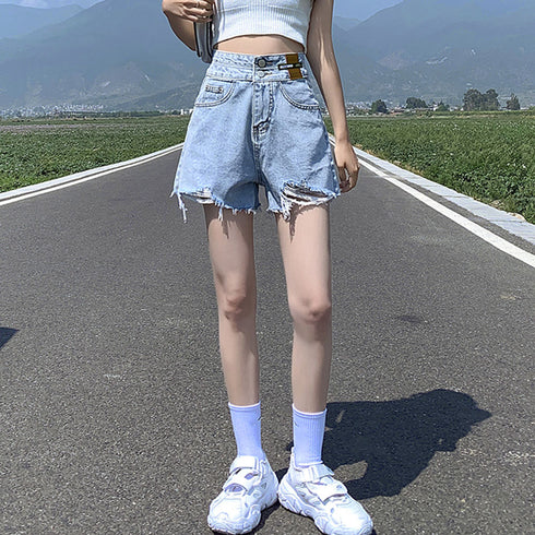 ダメージ加工デニムショートパンツ 韓国風 ホットパンツ レディース ハイウエスト ショーパン ヴィンテージ風 デニム短パン カットオフ ボトムス ミニ丈ズボン 夏 86LZFS-002