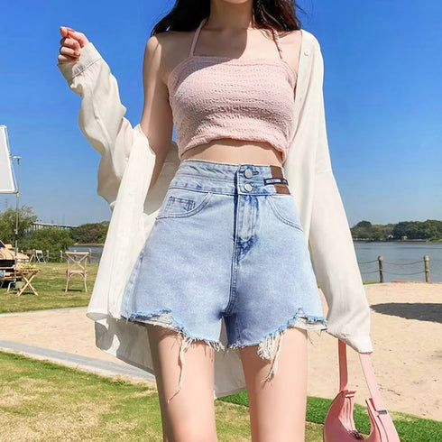 ダメージ加工デニムショートパンツ 韓国風 ホットパンツ レディース ハイウエスト ショーパン ヴィンテージ風 デニム短パン カットオフ ボトムス ミニ丈ズボン 夏 86LZFS-002