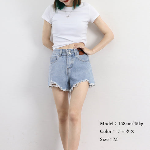 ダメージ加工デニムショートパンツ 韓国風 ホットパンツ レディース ハイウエスト ショーパン ヴィンテージ風 デニム短パン カットオフ ボトムス ミニ丈ズボン 夏 86LZFS-002