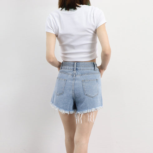 ダメージ加工デニムショートパンツ 韓国風 ホットパンツ レディース ハイウエスト ショーパン ヴィンテージ風 デニム短パン カットオフ ボトムス ミニ丈ズボン 夏 86LZFS-002