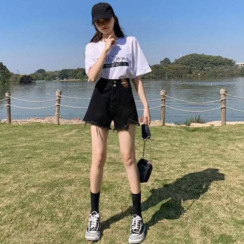 ダメージ加工デニムショートパンツ 韓国風 ホットパンツ レディース ハイウエスト ショーパン ヴィンテージ風 デニム短パン カットオフ ボトムス ミニ丈ズボン 夏 86LZFS-002