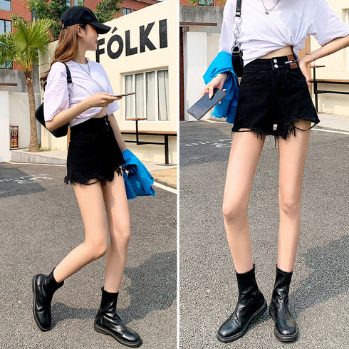 ダメージ加工デニムショートパンツ 韓国風 ホットパンツ レディース ハイウエスト ショーパン ヴィンテージ風 デニム短パン カットオフ ボトムス ミニ丈ズボン 夏 86LZFS-002