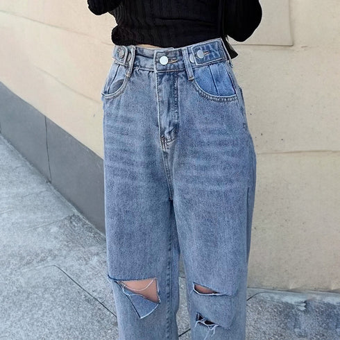 ダメージ デニムパンツ ハイウエスト美脚 レディース ストレートパンツ ゆったり ジーンズ レトロ セミワイドパンツ 着やせ 春夏秋 カジュアルボトムス 脚長韓国 86LZFS-003