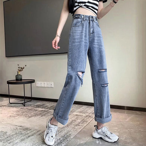 ダメージ デニムパンツ ハイウエスト美脚 レディース ストレートパンツ ゆったり ジーンズ レトロ セミワイドパンツ 着やせ 春夏秋 カジュアルボトムス 脚長韓国 86LZFS-003