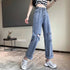 ダメージ デニムパンツ ハイウエスト美脚 レディース ストレートパンツ ゆったり ジーンズ レトロ セミワイドパンツ 着やせ 春夏秋 カジュアルボトムス 脚長韓国 86LZFS-003