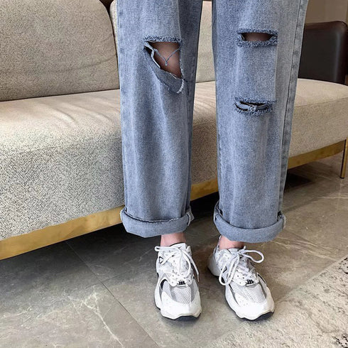 ダメージ デニムパンツ ハイウエスト美脚 レディース ストレートパンツ ゆったり ジーンズ レトロ セミワイドパンツ 着やせ 春夏秋 カジュアルボトムス 脚長韓国 86LZFS-003