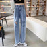 ダメージ デニムパンツ ハイウエスト美脚 レディース ストレートパンツ ゆったり ジーンズ レトロ セミワイドパンツ 着やせ 春夏秋 カジュアルボトムス 脚長韓国 86LZFS-003