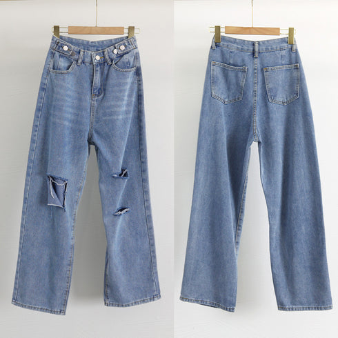 ダメージ デニムパンツ ハイウエスト美脚 レディース ストレートパンツ ゆったり ジーンズ レトロ セミワイドパンツ 着やせ 春夏秋 カジュアルボトムス 脚長韓国 86LZFS-003