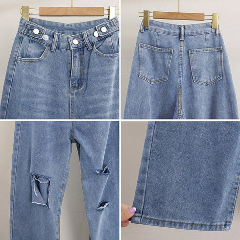ダメージ デニムパンツ ハイウエスト美脚 レディース ストレートパンツ ゆったり ジーンズ レトロ セミワイドパンツ 着やせ 春夏秋 カジュアルボトムス 脚長韓国 86LZFS-003