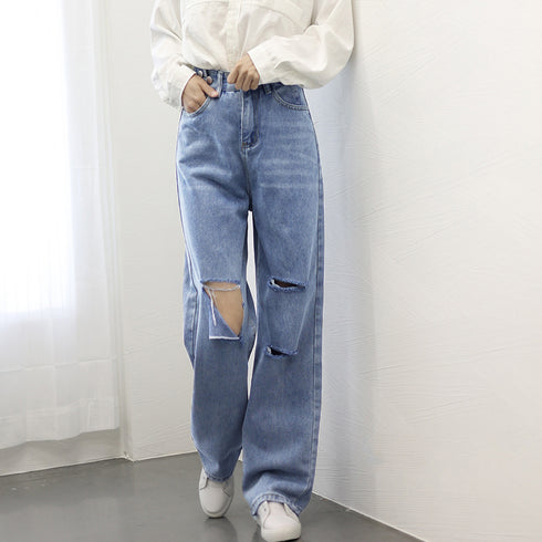 ダメージ デニムパンツ ハイウエスト美脚 レディース ストレートパンツ ゆったり ジーンズ レトロ セミワイドパンツ 着やせ 春夏秋 カジュアルボトムス 脚長韓国 86LZFS-003