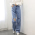 ダメージ デニムパンツ ハイウエスト美脚 レディース ストレートパンツ ゆったり ジーンズ レトロ セミワイドパンツ 着やせ 春夏秋 カジュアルボトムス 脚長韓国 86LZFS-003