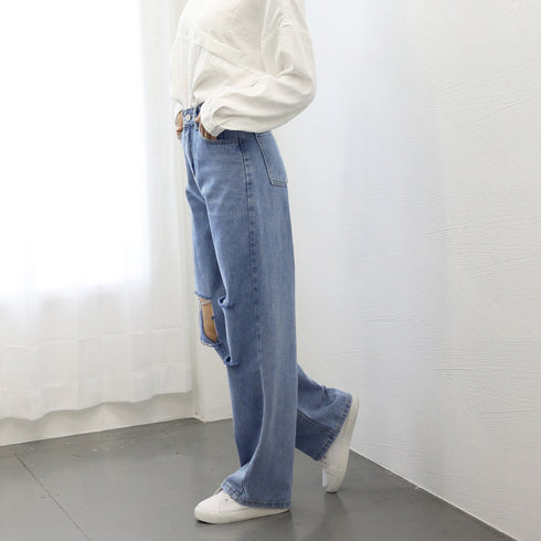 ダメージ デニムパンツ ハイウエスト美脚 レディース ストレートパンツ ゆったり ジーンズ レトロ セミワイドパンツ 着やせ 春夏秋 カジュアルボトムス 脚長韓国 86LZFS-003