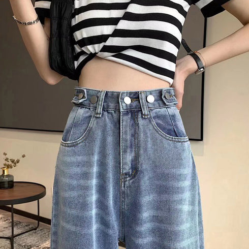 ダメージ デニムパンツ ハイウエスト美脚 レディース ストレートパンツ ゆったり ジーンズ レトロ セミワイドパンツ 着やせ 春夏秋 カジュアルボトムス 脚長韓国 86LZFS-003