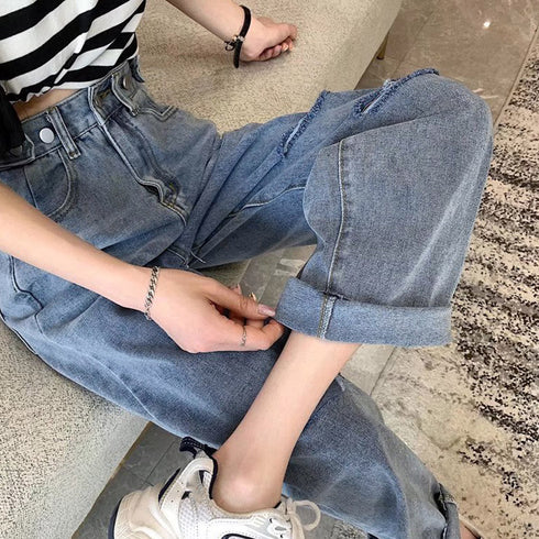ダメージ デニムパンツ ハイウエスト美脚 レディース ストレートパンツ ゆったり ジーンズ レトロ セミワイドパンツ 着やせ 春夏秋 カジュアルボトムス 脚長韓国 86LZFS-003