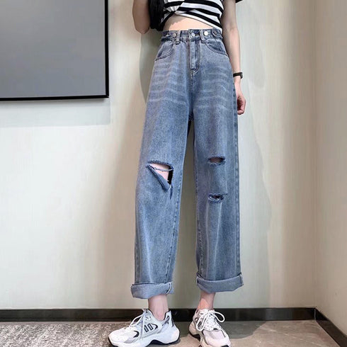 ダメージ デニムパンツ ハイウエスト美脚 レディース ストレートパンツ ゆったり ジーンズ レトロ セミワイドパンツ 着やせ 春夏秋 カジュアルボトムス 脚長韓国 86LZFS-003