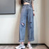 ダメージ デニムパンツ ハイウエスト美脚 レディース ストレートパンツ ゆったり ジーンズ レトロ セミワイドパンツ 着やせ 春夏秋 カジュアルボトムス 脚長韓国 86LZFS-003