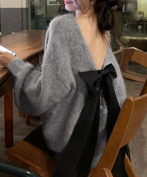 バックオープンリボンニットトップス韓国風 ビッグリボンタイニットプルオーバー 大人可愛いニットトップス リボン付きセーター おしゃれ春服 ゆったり甘めニット肌見せ 86LZGAO-001