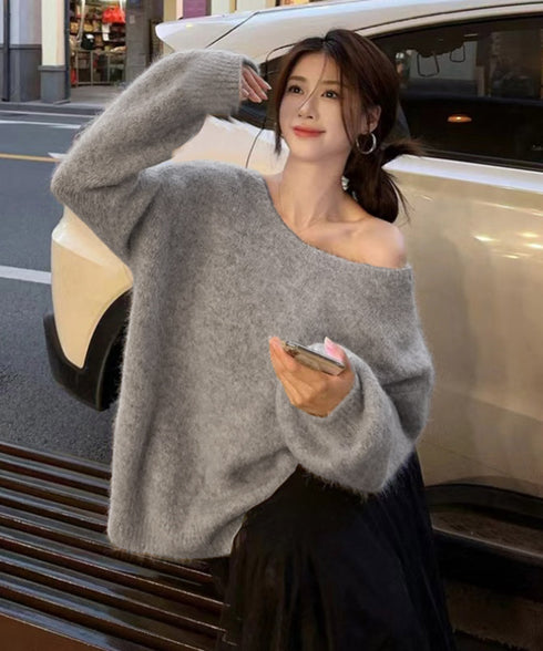 バックオープンリボンニットトップス韓国風 ビッグリボンタイニットプルオーバー 大人可愛いニットトップス リボン付きセーター おしゃれ春服 ゆったり甘めニット肌見せ 86LZGAO-001