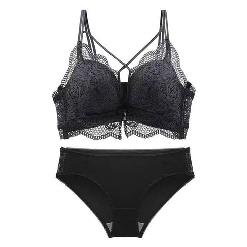 セクシーランジェリー レース ブラセット クロスデザイン ブラジャー ショーツ 上下セット ノンワイヤー 小胸ブラ 韓国 美胸 谷間アップ 下着セット 大人可愛い 86MEIZIQI-007