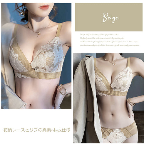 セクシーランジェリーセット 韓国 下着 レディース ノンワイヤーレースブラ ショーツ セット 脇高ブラ 盛れる 谷間 ブラジャー らくちん ショーツ 透け透け 86MEIZIQI-026