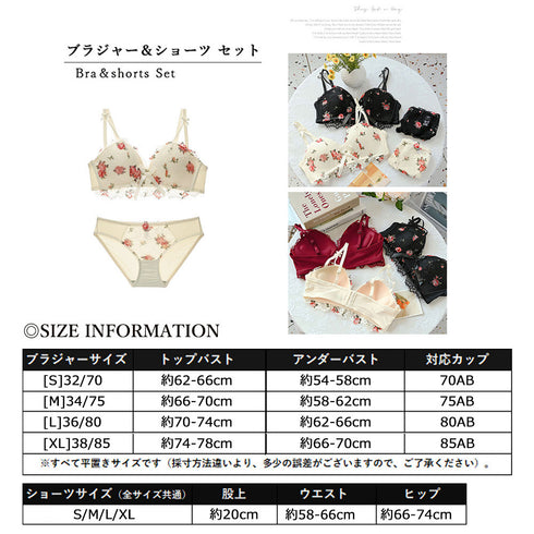 花柄刺しゅう レース ランジェリーセット 可愛い ノンワイヤー ブラジャー&ショーツ 上下セット 谷間 盛れる ブラショーツ 下着セット 脇スッキリ ブラセット 86MEIZIQI-027