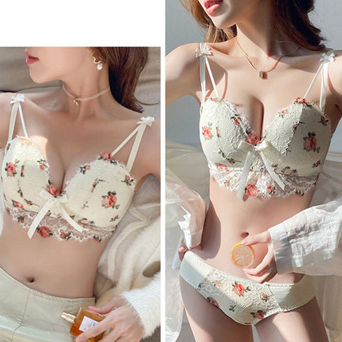 花柄刺しゅう レース ランジェリーセット 可愛い ノンワイヤー ブラジャー&ショーツ 上下セット 谷間 盛れる ブラショーツ 下着セット 脇スッキリ ブラセット 86MEIZIQI-027