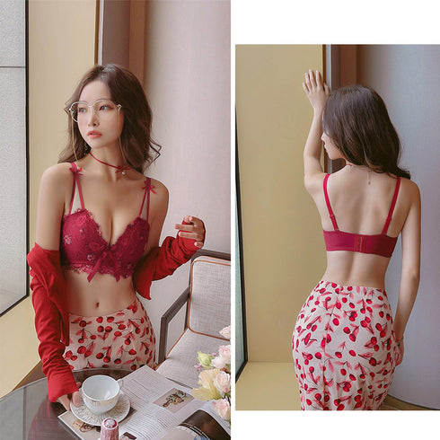 花柄刺しゅう レース ランジェリーセット 可愛い ノンワイヤー ブラジャー&ショーツ 上下セット 谷間 盛れる ブラショーツ 下着セット 脇スッキリ ブラセット 86MEIZIQI-027