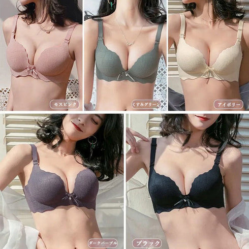 ノンワイヤー ブラジャーショーツ セット レディース セクシー ランジェリーセット プッシュアップ フロントリボン ナイトブラ 脇スッキリ シームレス 2点セット 86MEIZIQI-038