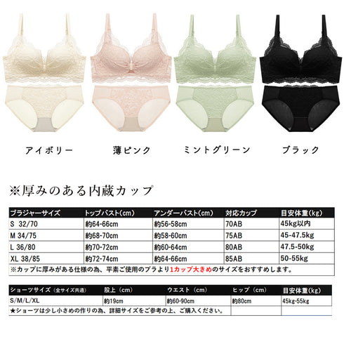 ブラジャー ショーツセット 花柄刺しゅう セクシーランジェリーセット ノンワイヤー ブラセット 小胸盛れる 韓国 可愛い レースワイヤレスブラ 美胸 脇スッキリ 86MEIZIQI-042