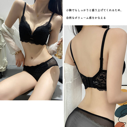 ブラジャー ショーツセット 花柄刺しゅう セクシーランジェリーセット ノンワイヤー ブラセット 小胸盛れる 韓国 可愛い レースワイヤレスブラ 美胸 脇スッキリ 86MEIZIQI-042