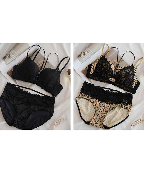 前開きブラショーツセットノンワイヤー下着 ダブルストラップブラジャーフロントホック レースショーツレディース 小胸盛れる セクシ?ランジェリーセット ヒョウ柄ブラ 86MEIZIQI-050