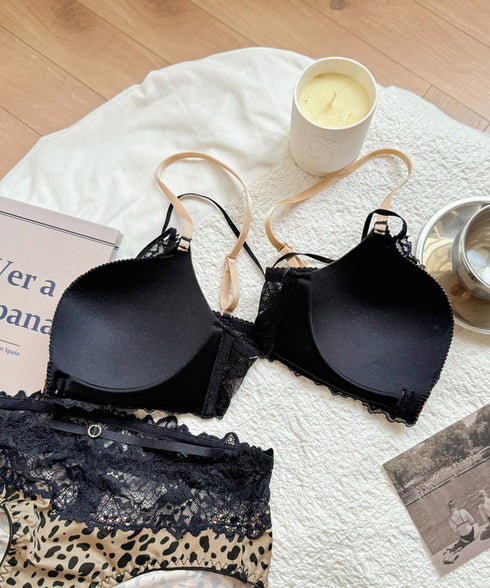 前開きブラショーツセットノンワイヤー下着 ダブルストラップブラジャーフロントホック レースショーツレディース 小胸盛れる セクシ?ランジェリーセット ヒョウ柄ブラ 86MEIZIQI-050
