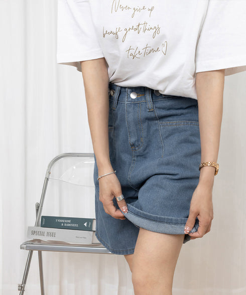 ウエスト調節可能デニムショートパンツ美脚 レディース ハイウエストショーパン ロールアップ 着やせボトムス レトロ デニム短パン細見え 裾ロールアップ オルチャン 86MINGTAI-001