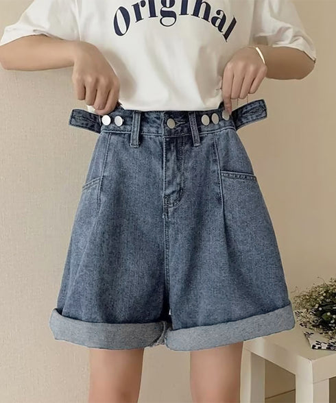 ウエスト調節可能デニムショートパンツ美脚 レディース ハイウエストショーパン ロールアップ 着やせボトムス レトロ デニム短パン細見え 裾ロールアップ オルチャン 86MINGTAI-001