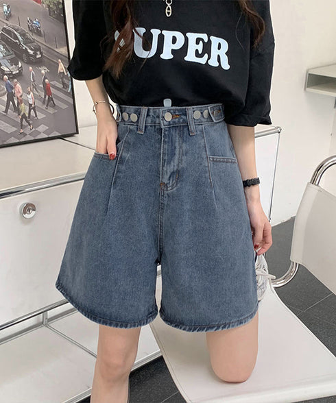 ウエスト調節可能デニムショートパンツ美脚 レディース ハイウエストショーパン ロールアップ 着やせボトムス レトロ デニム短パン細見え 裾ロールアップ オルチャン 86MINGTAI-001