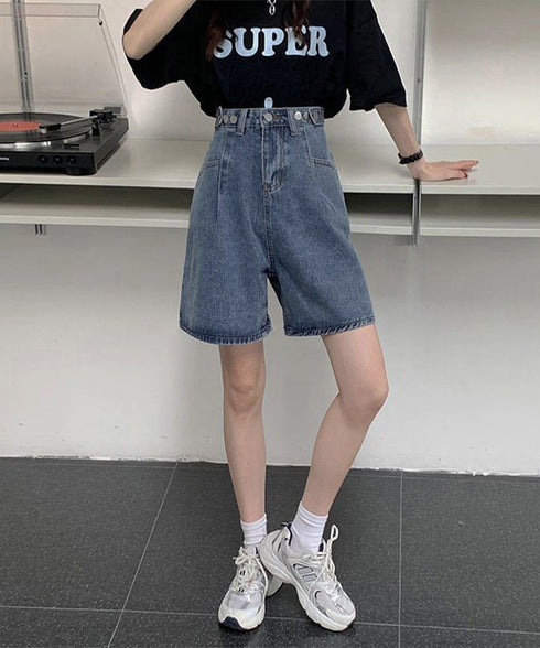 ウエスト調節可能デニムショートパンツ美脚 レディース ハイウエストショーパン ロールアップ 着やせボトムス レトロ デニム短パン細見え 裾ロールアップ オルチャン 86MINGTAI-001