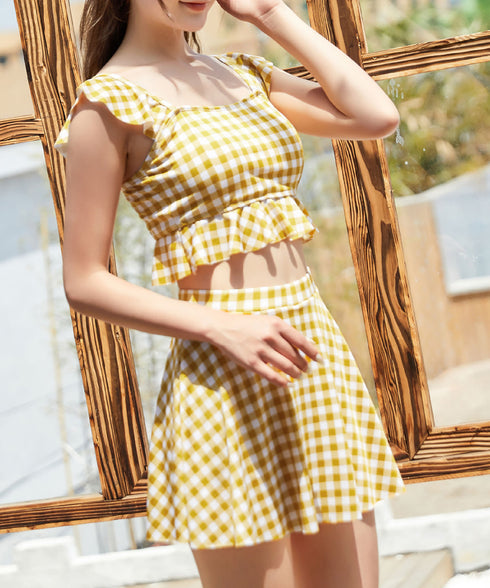 水着レディースフリルビキニ上下2点セット ギンガムチェックセパレート水着 スクエアネック ガーリータンキニ水着 おしゃれ 夏海プール水着 韓国風 ビスチェ風ビキニ 86MM-001